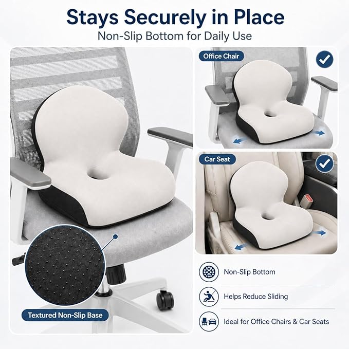 Memory Foam Office Chair Cushion with Back Support, Ergonomic Seat Cushion for Office Chair and Car Seat, Pressure Relief for Long Sitting (Light Grey)