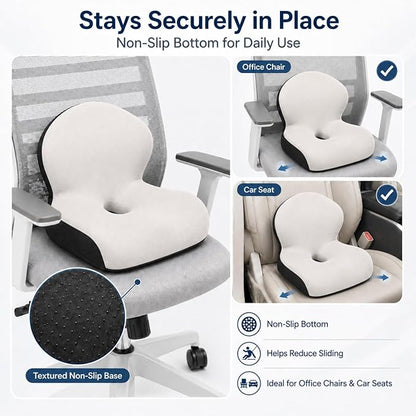 Memory Foam Office Chair Cushion with Back Support, Ergonomic Seat Cushion for Office Chair and Car Seat, Pressure Relief for Long Sitting (Light Grey)
