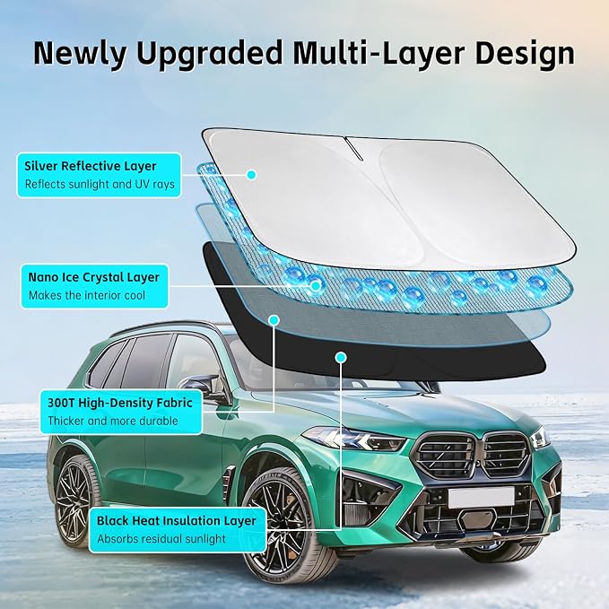 Windshield Sun Shade for BMW X5 2019-2026 Sunshade 300T Windshield Cover Sun Shield Blocks UV Rays Custom Fit X5 Front Window Shade Sun Visor Foldable Keep Cool