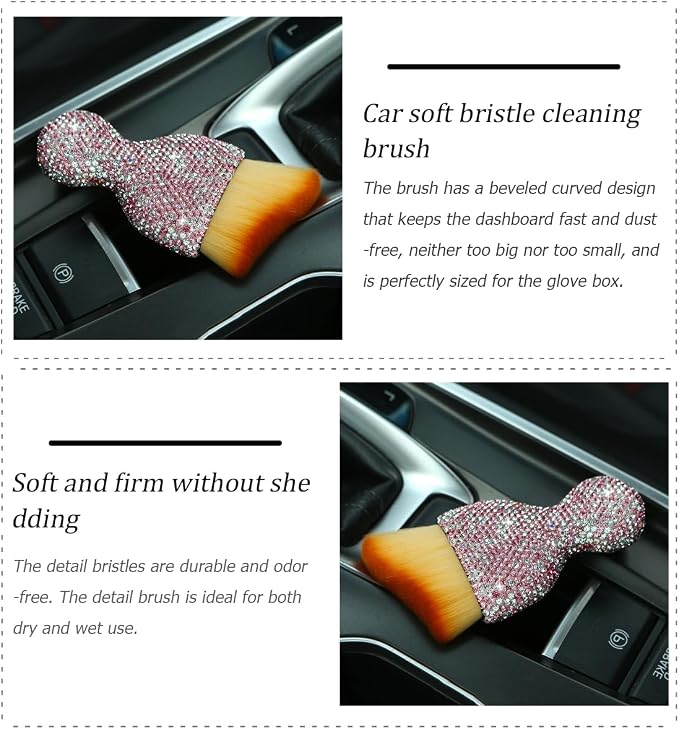 Bling Car Interior Dust Brush, Crystal Rhinestone Soft Auto Detailing Cleaning Brush, Sparkling Diamond Vehicle Dashboard Air Vent Cleaner for Women Girls, Universal for Vehicles (Pink)