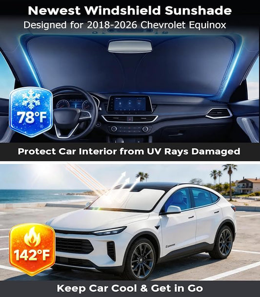 DMJN Front Windshield Sun Shade for Che-vrolet/Chevy Equinox (2018-2026), [Nano Ice-Crystal Coatings] UPF50+ Heat & UV Block, Protect Car Interior & Keep Cool, Flodable Steel-Ring Car Cover for Summer