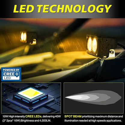 Amber LED Pods, AKD Part 3 Inch CREE LED Fog Lights 40W Spot LED Lights Pods Mini Amber Chase Lights Ditch Light 2 Packs for Truck Motorcycle UTV SUV ATV Dirt Bike Snowmobile