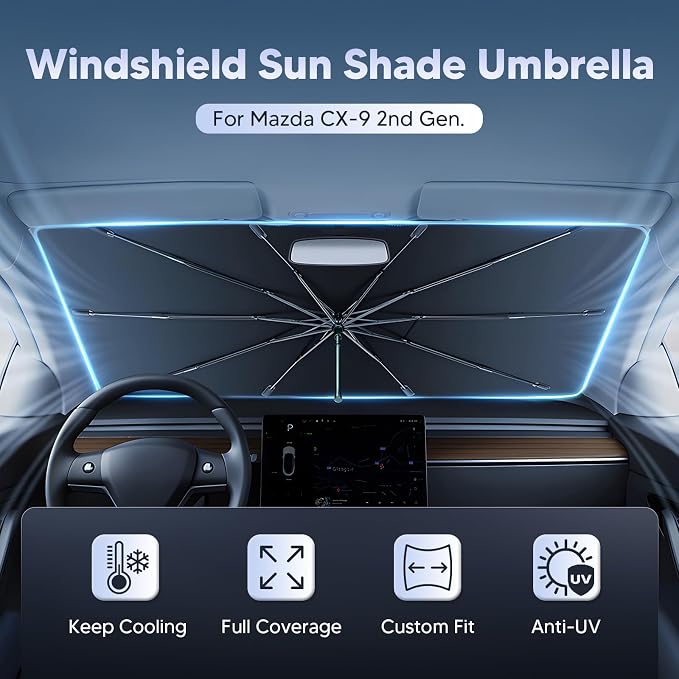 Autorder Windshield Sun Shade Umbrella for 2016-2025 Mazda CX-9 CX9 Accessories,Upgraded Ice Crystal Material,Easy Setup Umbrella Sunshade for Car Windshield,100% Sun Blocking