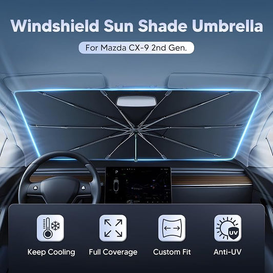 Autorder Windshield Sun Shade Umbrella for 2016-2025 Mazda CX-9 CX9 Accessories,Upgraded Ice Crystal Material,Easy Setup Umbrella Sunshade for Car Windshield,100% Sun Blocking