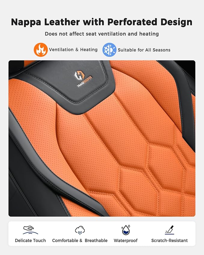 Huidasource Seat Covers Full Set, Universal Fit for Most Cars SUV Trucks, Full Coverage Leather Seat Cover, Airbag, Cupholder Compatible, Seat Function Retain, Easy Install with Velcro, Black&Orange