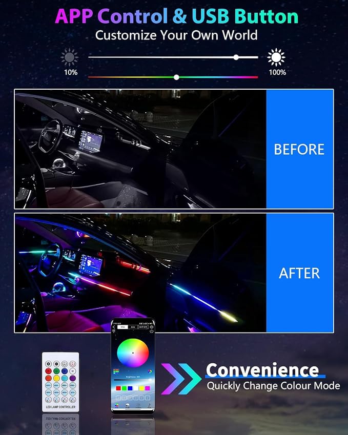 Acrylic LED Lights for Car, 43.3in RGB Strip Light Car LED Lights Interior with USB Port, App Control, Music Sync, 146 LEDs Interior Ca r Lights for Women Men Gifts