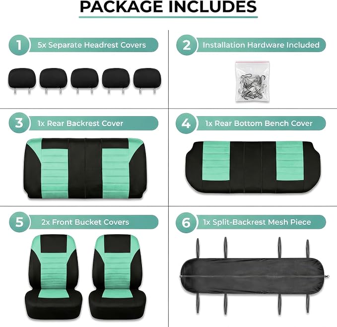 FH Group Automotive Car Seat Covers Full Set Premium 3D Air Mesh Front Seat Covers, Airbag Compatible & Split Bench Cover Universal Fit Interior Accessories for Cars Trucks and SUVs - Mint