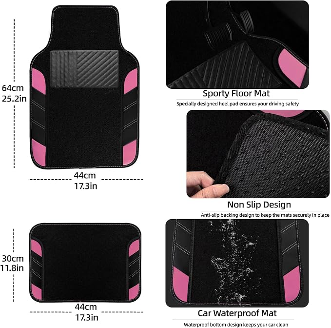 NBTEPEM 10 Pcs Car Floor Mats Full Set & Sport Leather Steering Wheel Cover 14.5-15 inch, Center Console Cover, Seat Belt Cushion, Cup Holder Coaster, Universal Automobile Interior Sets (Pink)