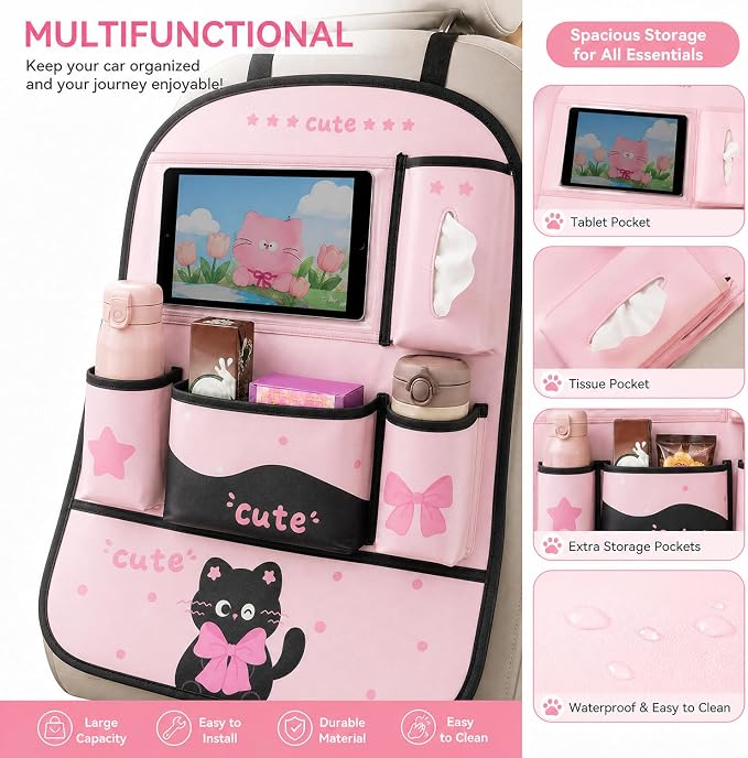 YUNZLAN Pink Black Backseat Car Organizer, Leather Kick Mats Back Seat Protector Organizer with Touch Screen Tablet Holder for Kids Travel Accessories
