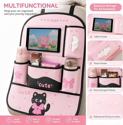 YUNZLAN Pink Black Backseat Car Organizer, Leather Kick Mats Back Seat Protector Organizer with Touch Screen Tablet Holder for Kids Travel Accessories