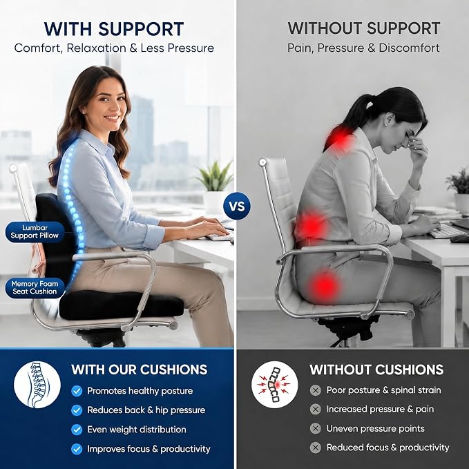 Ergonomic Seat Cushion & Lumbar Support Pillow for Office Chair, Memory Foam Seat Cushions for Tailbone Pain Relief, Sciatica & Lower Back Support for Desk Chair Car Home, Washable, Non Slip