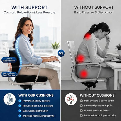 Ergonomic Seat Cushion & Lumbar Support Pillow for Office Chair, Memory Foam Seat Cushions for Tailbone Pain Relief, Sciatica & Lower Back Support for Desk Chair Car Home, Washable, Non Slip