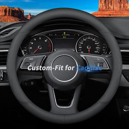Deer Route Custom-Fit for Cadillac Steering Wheel Cover, Premium Leather Car with Logo, Non-Slip, Breathable, Accessories (B-Style, Cadillac)