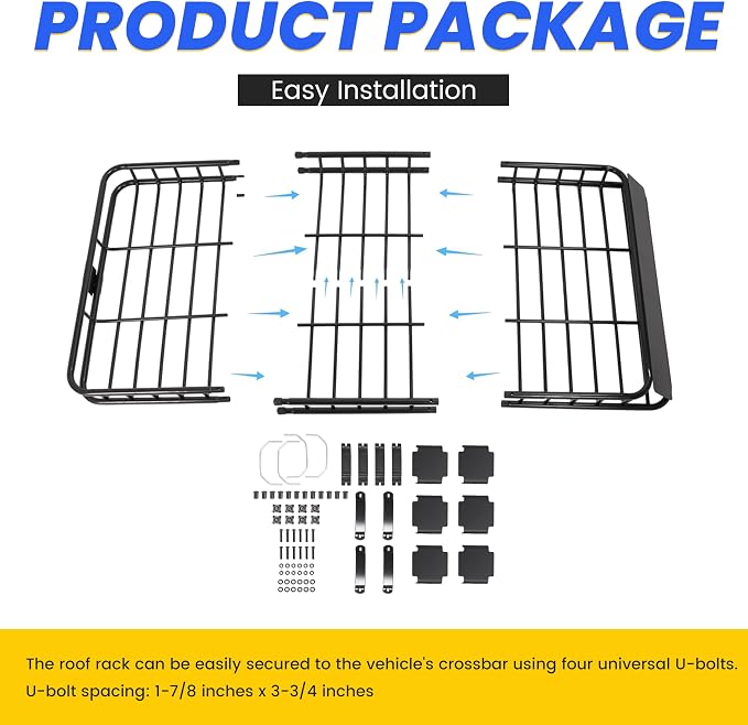 ECOTRIC 59" x 39" x 5.1" Universal Adjustable Roof Rack Cargo Carrier Basket with Extension Heavy Duty Steel Car SUV Top Luggage Storage Holder Basket for Travel 250LBS Weight Capacity