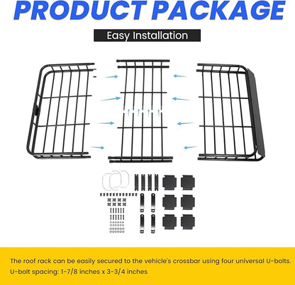 ECOTRIC 59" x 39" x 5.1" Universal Adjustable Roof Rack Cargo Carrier Basket with Extension Heavy Duty Steel Car SUV Top Luggage Storage Holder Basket for Travel 250LBS Weight Capacity