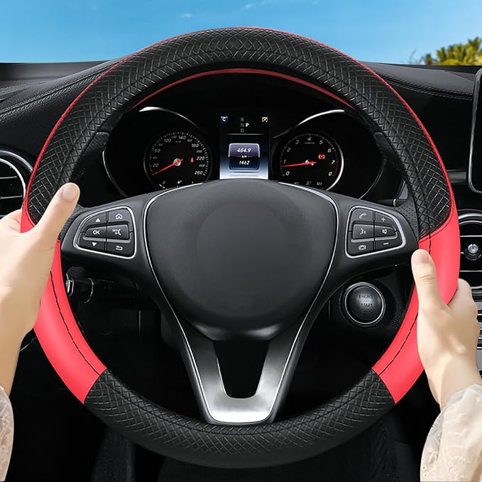 Leather Patchwork Black Red Steering Wheel Cover, 14.5-15 Inch Non-Slip Breathable Microfiber Car Steering Wheel Protector