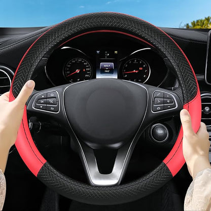 Leather Patchwork Black Red Steering Wheel Cover, 14.5-15 Inch Non-Slip Breathable Microfiber Car Steering Wheel Protector