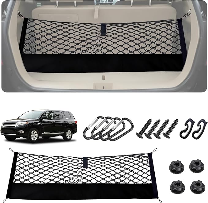 Truck Bed Cargo Net for Toyota Highlander 2020-2025 2026 Accessories, Envelope Style Rear Trunk Mesh Cargo Net, Heavy Duty 5mm Bungee&Double-Layer Nylon Storage Tailgate Netting Holder Organizer