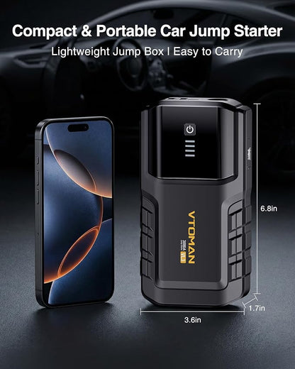 VTOMAN VL3 Jump Starter Upgraded with LiFePO4 Battery, 3000A Portable Car Battery Booster for Up to 7.0L Gas and 5.0L Diesel Engines, 12V Jump Box with LED Flashlight, Jumper Cable, Storage Bag