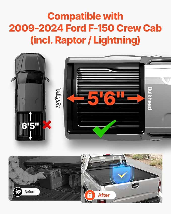 VEVOR Retractable Tonneau Cover, 5.5 ft Hard Retractable Tonneau Cover with Built-in Drainage Pipe for 2009-2024 Ford F-150 Crew Cab, Customized Design with Double-Lock & T-Slot
