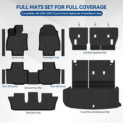 Custom Fit Floor Mats for 2024-2026 Toyota Grand Highlander 8 Seat/Bench Seat, All Weather TPE Floor Liner & Trunk Mat & 2nd/3rd Row Backrest Mat & Door Sill Guard, Full Set Interior Accessories