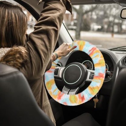Accmor Fuzzy Car Steering Wheel Cover, Universal Fluffy Auto Wheel Cover & Handbrake Cover & Gear Shift Cover Set, Soft Warm Steering Wheel Protector Car Accessories for Men Women Girls, Colorful