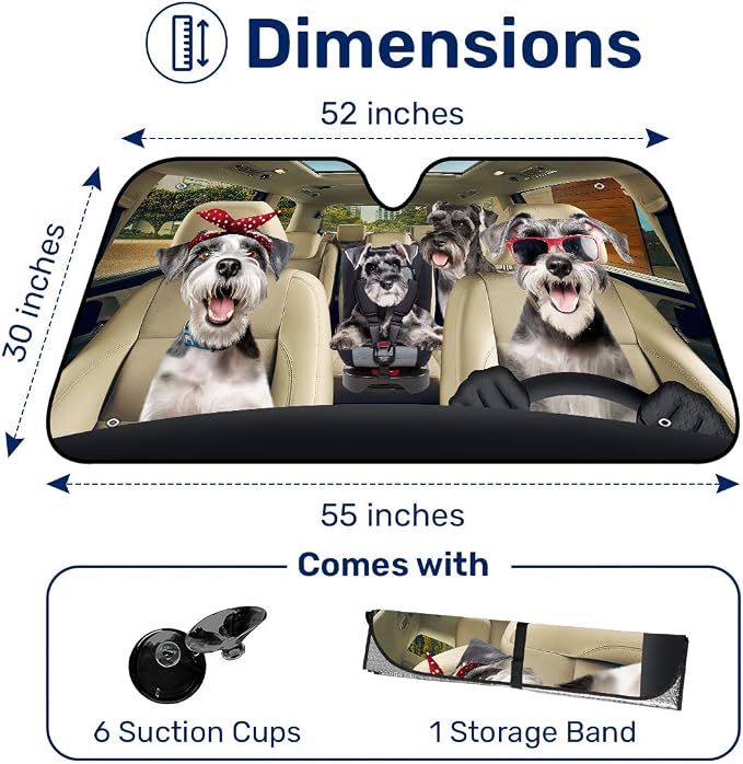 GENANY Cute Miniature Schnauzer Dog Family Funny Windshield Sun Shade for Car SUV Truck (55x30 Inches), Sun Shade Windshield, Protector Blocks UV, Spring Car Decor