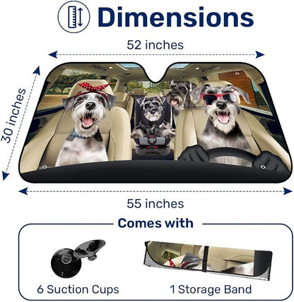 GENANY Cute Miniature Schnauzer Dog Family Funny Windshield Sun Shade for Car SUV Truck (55x30 Inches), Sun Shade Windshield, Protector Blocks UV, Spring Car Decor