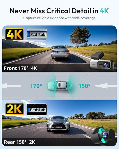 BOTSLAB 4K Dash Cam Front and Rear[2026 Upgraded], 64GB SD Card Included, STARVIS Sensor, 170° Ultra Wide 4K+2K Dashcam with ADAS, Night Vision, 24/7 Parking Mode, WDR, 5.8GHz WiFi, GPS,Loop Recording