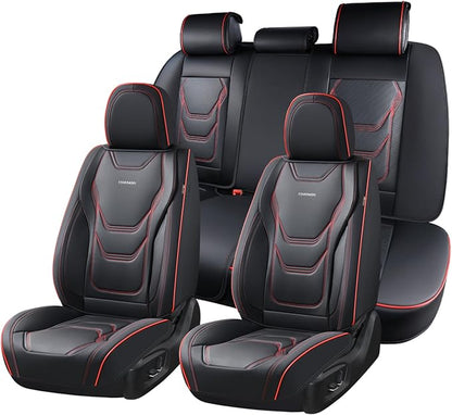 Coverado Car Seat Covers Full Sets, 5 Piece Car Seat Protector Waterproof Leather Seat Cushion Universal Fit for Truck Automotive Vehicles Black&Red