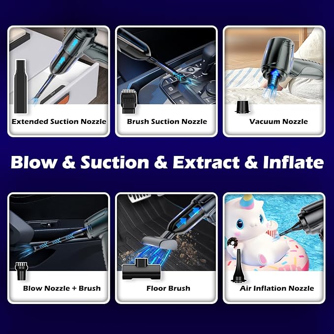 Car Vacuum Portable Cordless, 16000PA Powerful Suction, 5 in 1 Mini Handheld Vacuum Cleaner, Small Car Vacuum Cleaner, Brushless Motor, Air Duster, 4000mAh, Dual Filter, for Cars,Home,Office,Pet