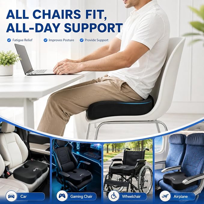 2 Pack Seat Cushion for Office Chairs - Memory Foam Cushions Non-Slip for Car Airplane Travel Driving - Butt Pillow Support for Sciatica and Tailbone Pain Relief, Long Time Sitting