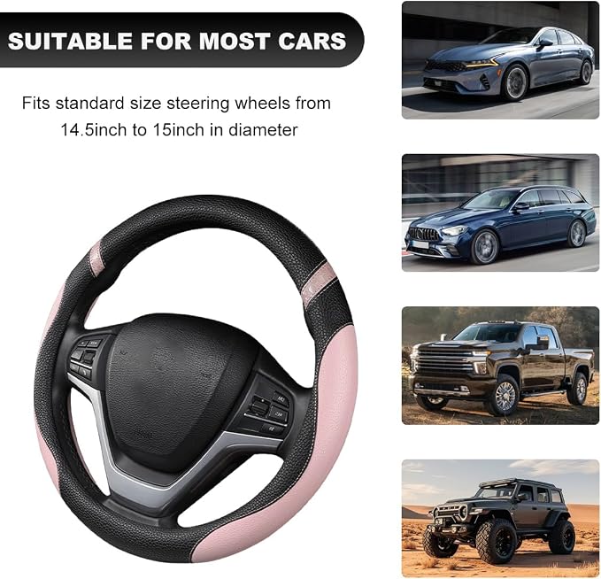 Car Steering Wheel Cover, 15 Inch Premium Leather Breathable Non-Slip Wheels Wrap, Universal Auto Comfortable Steering Wheel Protector for SUV Truck Van, Car Accessories (Pink)