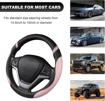 Car Steering Wheel Cover, 15 Inch Premium Leather Breathable Non-Slip Wheels Wrap, Universal Auto Comfortable Steering Wheel Protector for SUV Truck Van, Car Accessories (Pink)