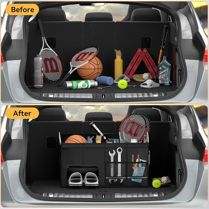 Car Trunk Organizer for SUV 50L Car Caddy Golf Trunk Organizer with Lid Collapsible Truck Storage Bin Large Compartment Car Grocery Organizer with 4 Pockets Handle Shoe Organizer Cargo Van Jeep Sedan