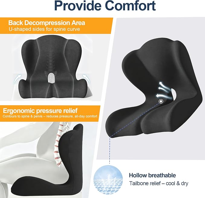 Seat Cushion for Office Chair and Car – L-Shaped Ergonomic Seat Cushions for Stability & Anti-Slip, Orthopedic Cushion for Sciatica, Back & Tailbone Pain Relief, Black
