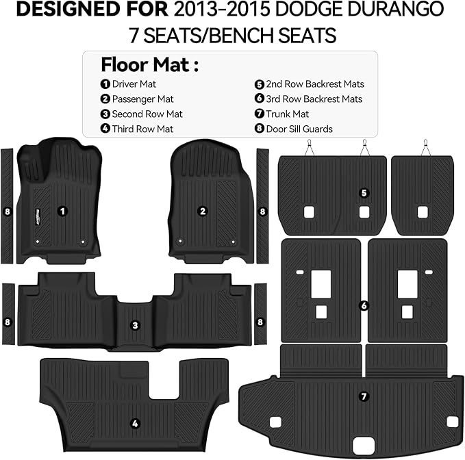 Floor Mats for 2013-2015 Dodge Durango 7 Seats/Bench Seats, Trunk Mat and 2nd/3rd Backrest Mat & Door Sill Guard All Weather TPE Protector for Dodge Durango Accessories