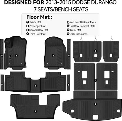 Floor Mats for 2013-2015 Dodge Durango 7 Seats/Bench Seats, Trunk Mat and 2nd/3rd Backrest Mat & Door Sill Guard All Weather TPE Protector for Dodge Durango Accessories