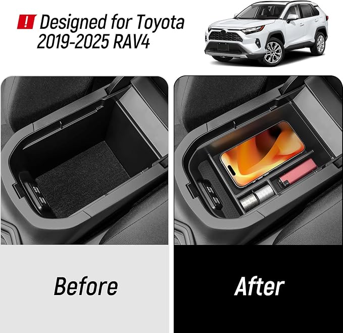 3PCS Center Console Organizer Compatible with Toyota 2019-2025 RAV4 Hybrid, Prime (PHEV) Accessories ABS Plastic & Silicone Material Center Console Liner Tray
