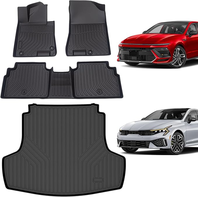 Floor Mats & Cargo Liner for kia k5 2021-2026 (Only FWD Models) & Hyundai Sonata 2020-2026, All-Weather TPE Custom Fit Car Liners Accessories, Full Coverage Anti-Slip 1st & 2nd Row & Trunk Mat