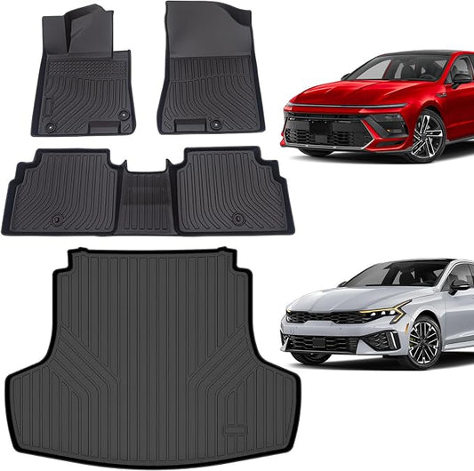 Floor Mats & Cargo Liner for kia k5 2021-2026 (Only FWD Models) & Hyundai Sonata 2020-2026, All-Weather TPE Custom Fit Car Liners Accessories, Full Coverage Anti-Slip 1st & 2nd Row & Trunk Mat