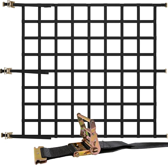 US Cargo Control E Track Cargo Nets for Trailer 82" x 82", Adjustable Heavy Duty Cargo Net with Ratchets for E-Track and X-Track Systems, 8" x 8" Holes, Use in Enclosed Trailers, Box Trucks, Garages