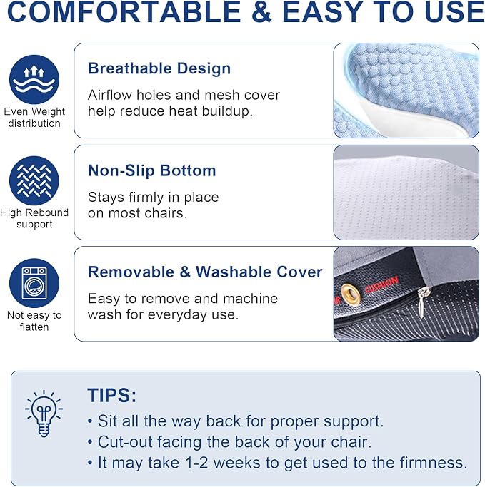 Seat Cushion for Tailbone Pain Relief, Firm Support Won't Flatten, Adds 2–3" Height, X-Large Cushion for Long Sitting, Office Chair, Car Seat & Work from Home (Blue)