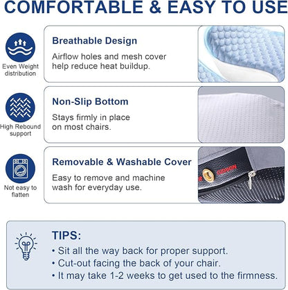 Seat Cushion for Tailbone Pain Relief, Firm Support Won't Flatten, Adds 2–3" Height, X-Large Cushion for Long Sitting, Office Chair, Car Seat & Work from Home (Blue)