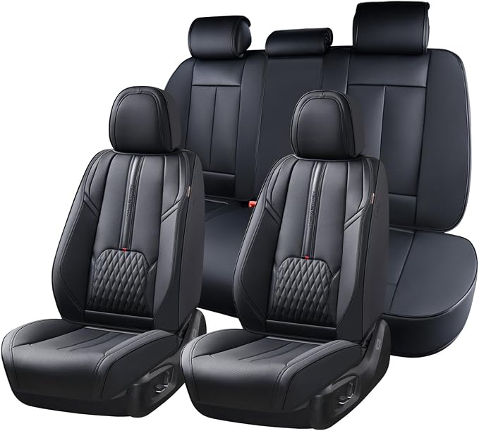 Coverado Car Seat Covers Full Set, Black Seat Cover with Lumbar Support, Luxury Leather Seat Covers for Front and Back, Waterproof Car Seat Protector Car Seat Cushion Universal Fit for Most Vehicles