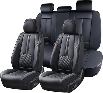 Coverado Car Seat Covers Full Set, Black Seat Cover with Lumbar Support, Luxury Leather Seat Covers for Front and Back, Waterproof Car Seat Protector Car Seat Cushion Universal Fit for Most Vehicles