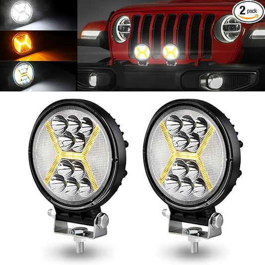 2PCS 72W Round LED Pods, Off Road LED Work Light with 4.5" Amber Strobe DRL Light, Spot Flood Combo Beam, 12V-36V for Motorcycle SUV Boat Truck