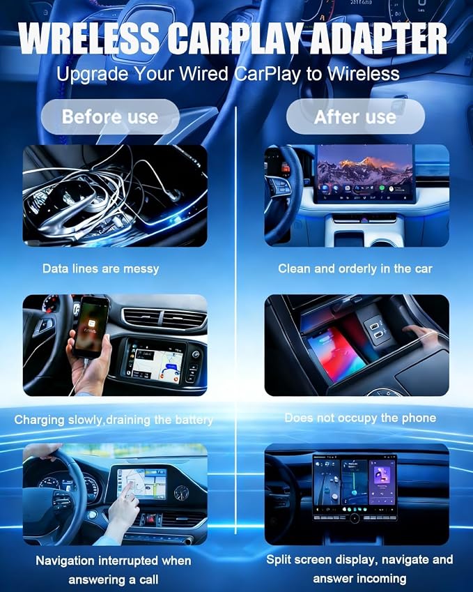 Wireless Carplay Adapter to Play TV on Car Screen 3 in 1 USB A/C Android Auto Bluetooth Video Box Screen Mirror iOS Phone Wired to Wireless Screen Mirroring Car Play Accessories for iPhone