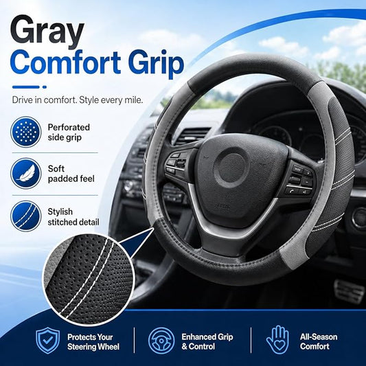 Elantrip Microfiber Leather Steering Wheel Cover for 14.5" to 15" Wheels, Soft Padded Grip, Textured Anti-Slip Inner Lining, Breathable Comfort for Cars, SUVs and Trucks, Black/Gray