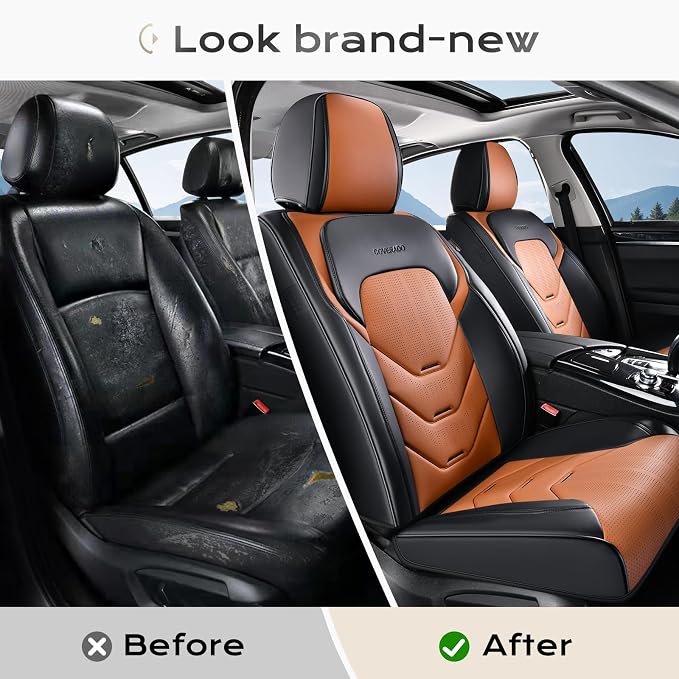 Coverado Front Seat Cover, 2 PCS Leather Car Seat Covers, Black&Brown Seat Cover for Cars, Waterproof Car Seat Protector, Automotive Seat Cover, Universal Car Seat Cushion Fit for Most Sedan SUV Truck